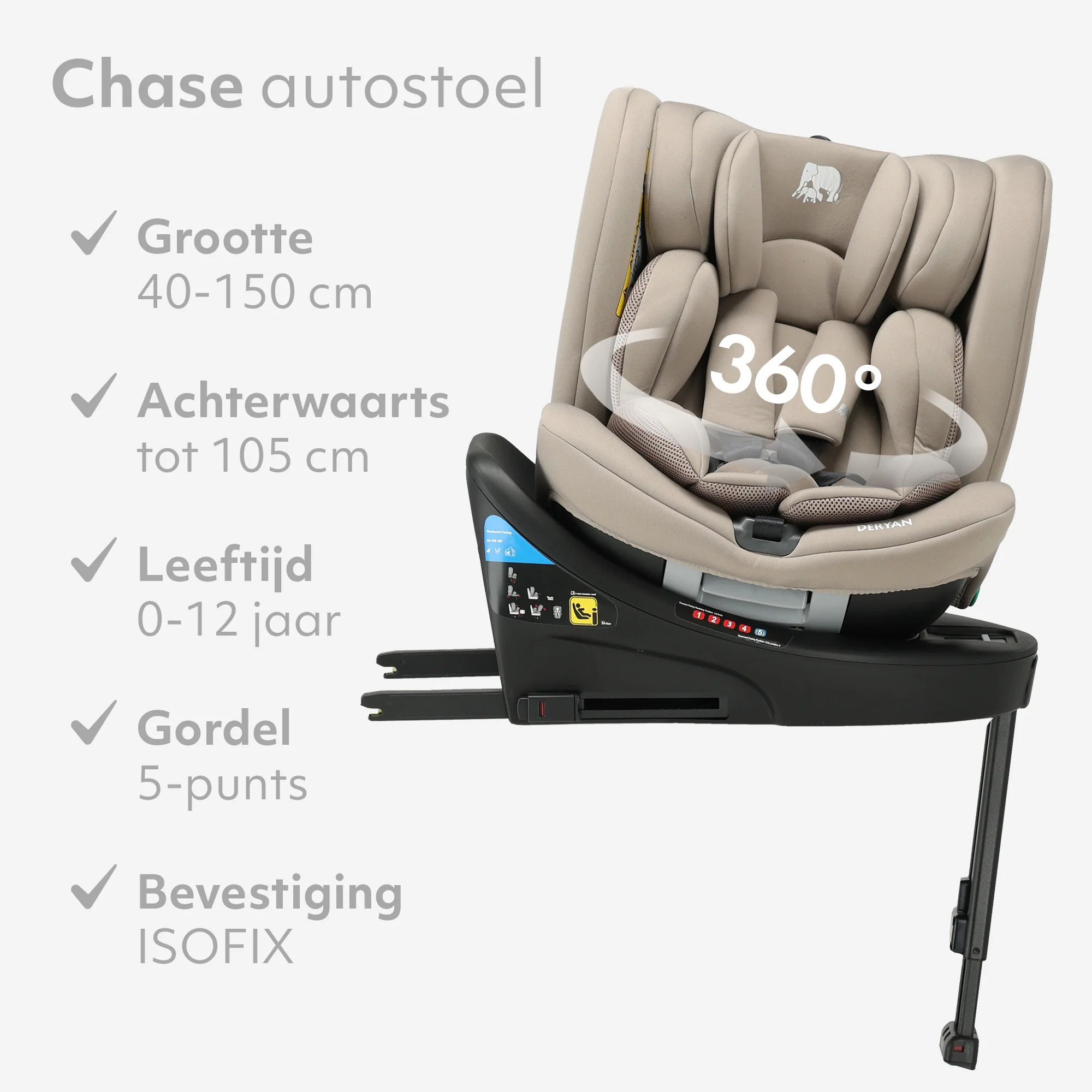 Chase Luxe i-Size Autostoel - 0-36kg - Isofix steunpoot - 360 draaibaar - Nougat - Image 6